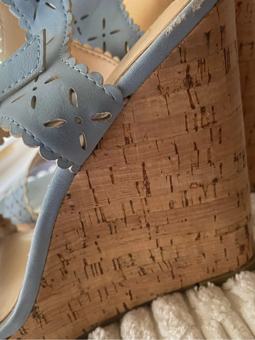 Jessica Simpson Jazziah Powder Blue Scalloped Laser Cut Cork Wedge Sandals